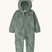 Patagonia 100% recycled polyester little kids high pile fleece hooded all in one suit in pale green with bear cub ears front zip and pocket