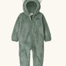 Patagonia 100% recycled polyester little kids high pile fleece hooded all in one suit in pale green with bear cub ears front zip and pocket