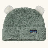 Patagonia little kids furry friends hat in canopy green. High pile fleece hat with little bear-cub cream ear panels