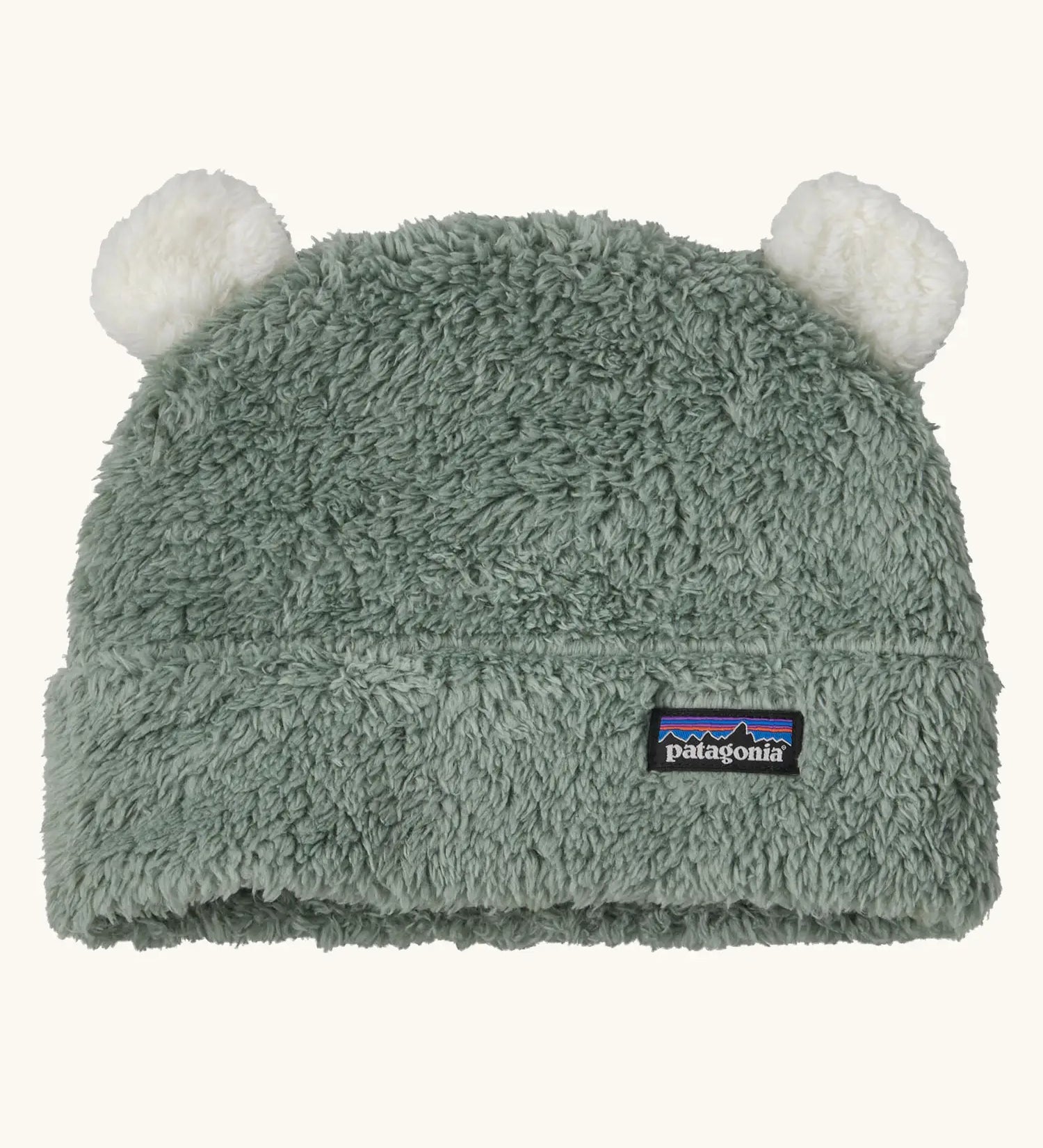 Patagonia little kids furry friends hat in canopy green. High pile fleece hat with little bear-cub cream ear panels