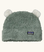 Patagonia little kids furry friends hat in canopy green. High pile fleece hat with little bear-cub cream ear panels