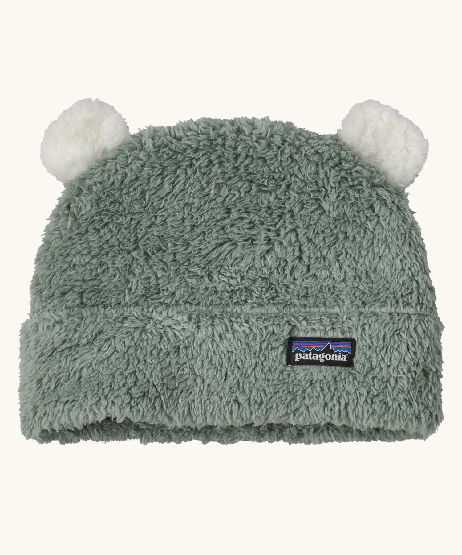 Patagonia little kids furry friends hat in canopy green. High pile fleece hat with little bear-cub cream ear panels
