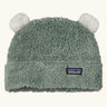 Patagonia little kids furry friends hat in canopy green. High pile fleece hat with little bear-cub cream ear panels