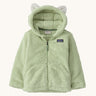 Patagonia little kids furry friends hoody in lichen green available at Babipur. A 100% recycled polyester thick fleece hooded jacket in pale green with white bear like ears on the hood. Features a full length zip and 2 side pockets.