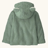 Back of the Patagonia little kids furry friends high fleece pile hoody in pale green showing bear cub ears on the hood
