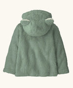 Back of the Patagonia little kids furry friends high fleece pile hoody in pale green showing bear cub ears on the hood