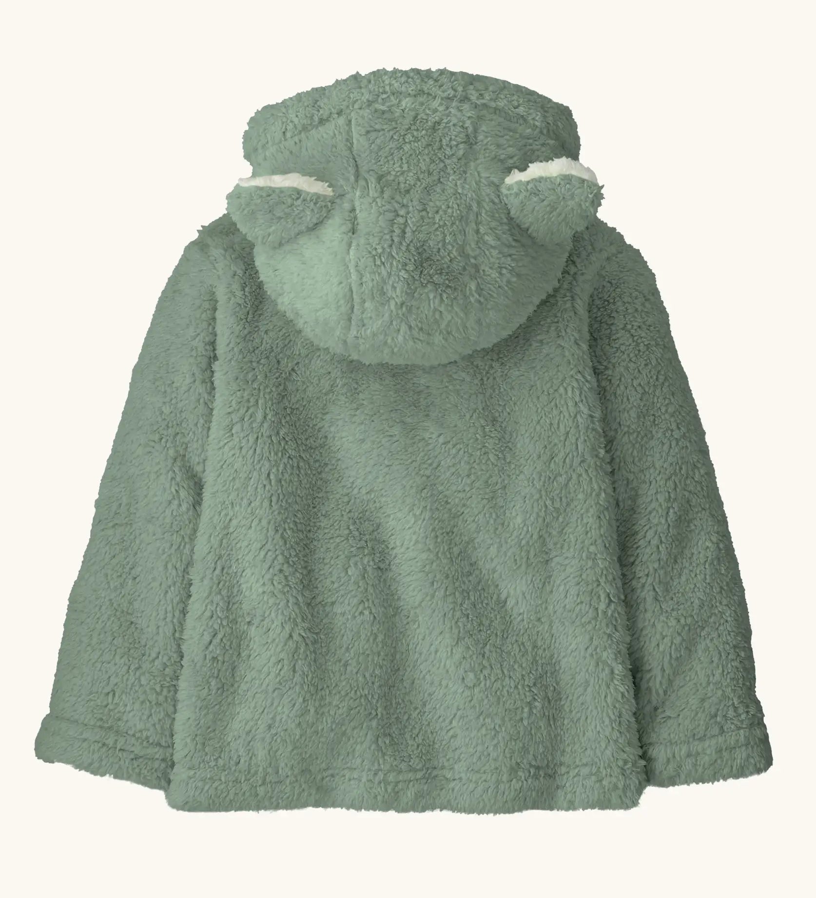 Back of the Patagonia little kids furry friends high fleece pile hoody in pale green showing bear cub ears on the hood
