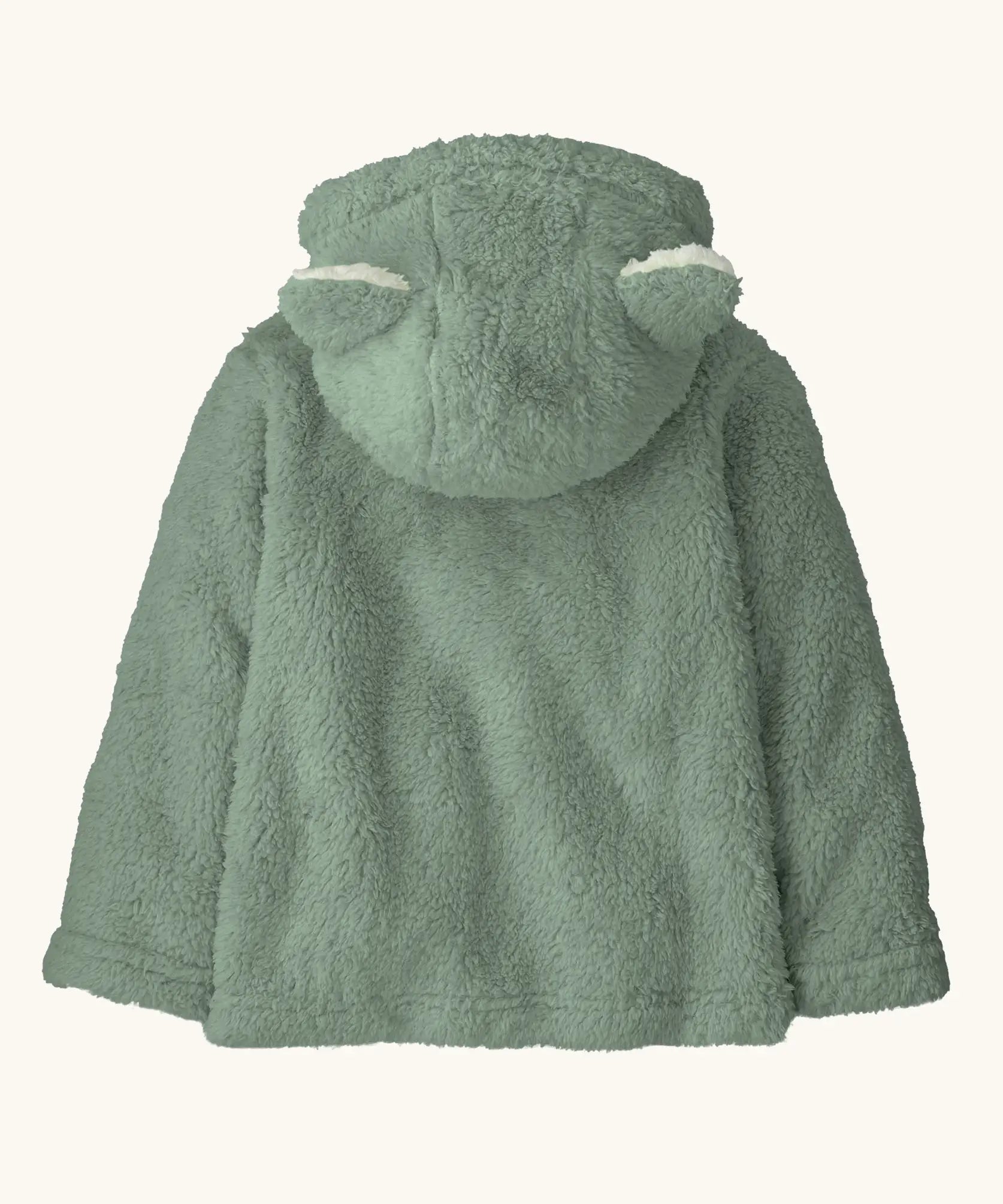 Back of the Patagonia little kids furry friends high fleece pile hoody in pale green showing bear cub ears on the hood