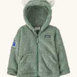 Patagonia 100% recycled polyester little kids furry friends high fleece pile hoody in pale green with full zip, pockets and seal patch on the arm