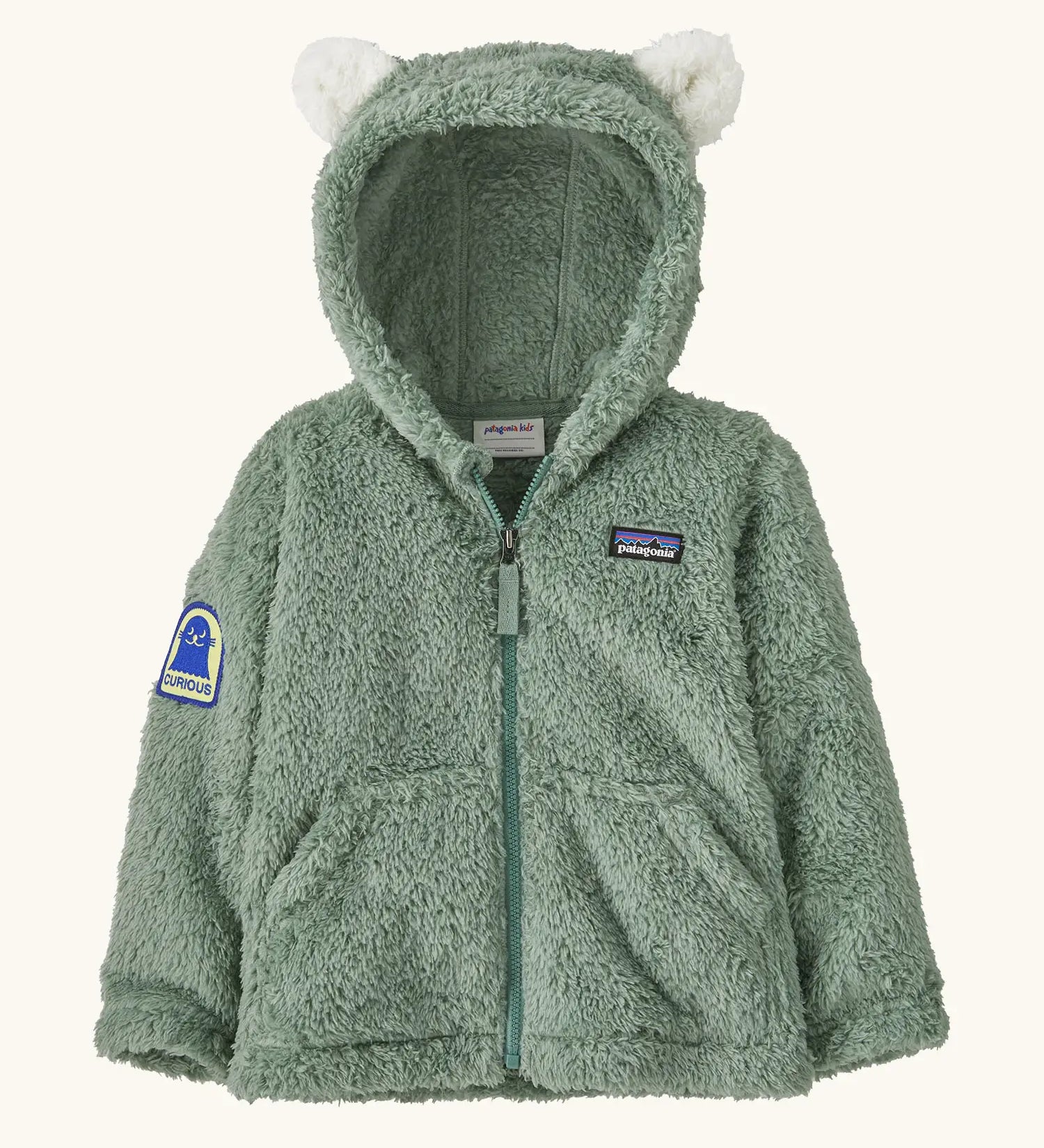 Patagonia 100% recycled polyester little kids furry friends high fleece pile hoody in pale green with full zip, pockets and seal patch on the arm