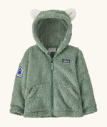 Patagonia 100% recycled polyester little kids furry friends high fleece pile hoody in pale green with full zip, pockets and seal patch on the arm