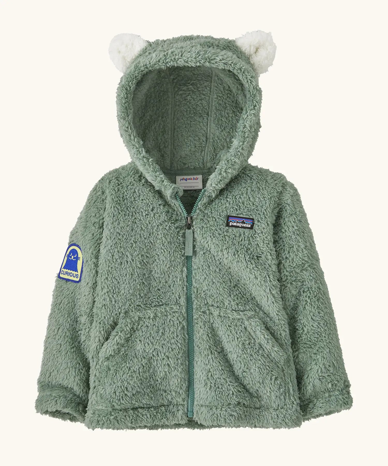 Patagonia 100% recycled polyester little kids furry friends high fleece pile hoody in pale green with full zip, pockets and seal patch on the arm