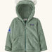 Patagonia 100% recycled polyester little kids furry friends high fleece pile hoody in pale green with full zip, pockets and seal patch on the arm