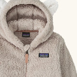Patagonia little kids furry friends high fleece pile hoody in taupe showing close up of bear cub ears on the hood