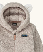 Patagonia little kids furry friends high fleece pile hoody in taupe showing close up of bear cub ears on the hood
