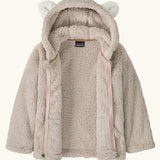 Patagonia little kids furry friends high fleece pile hoody in taupe showing front zip opened