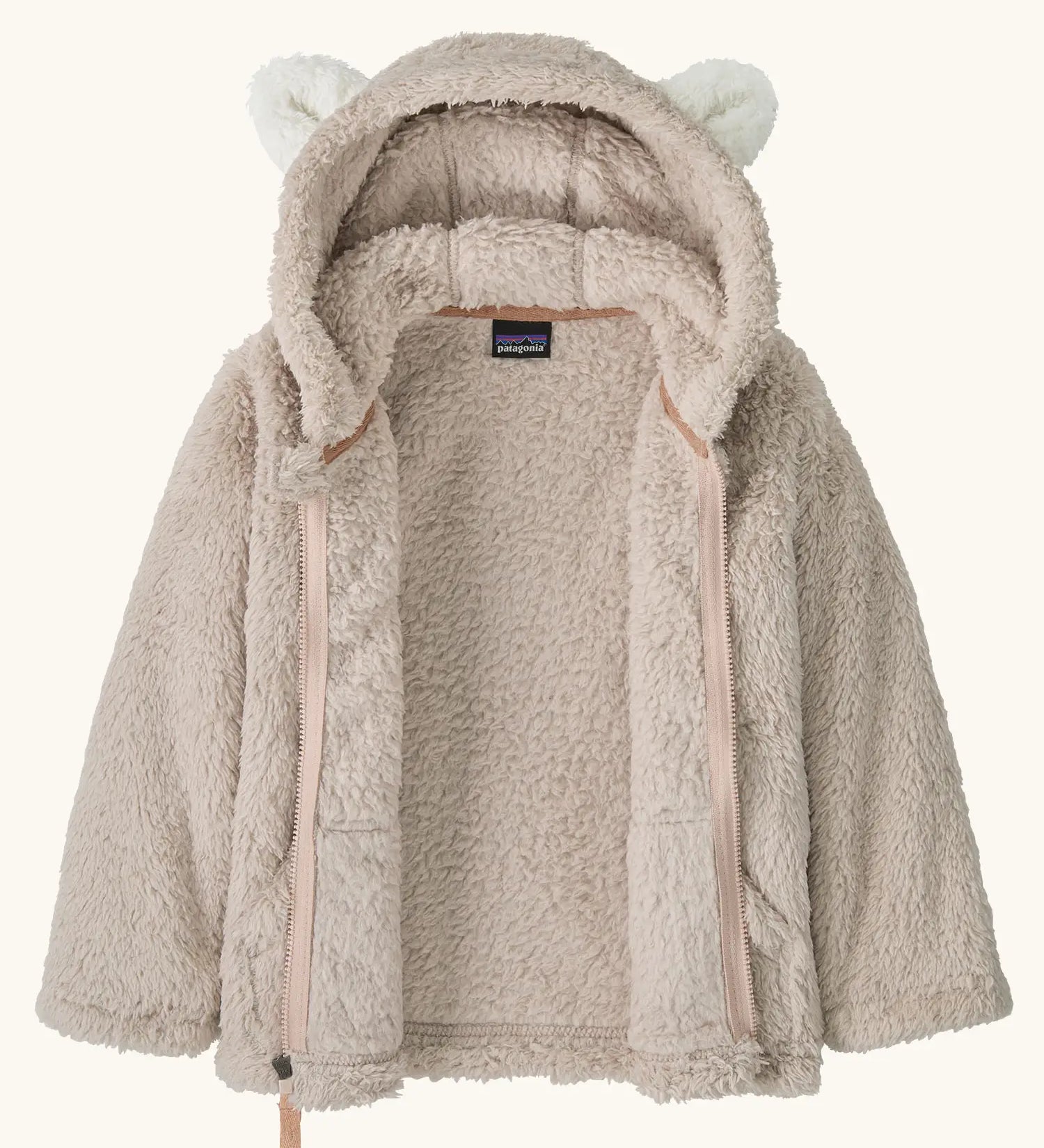 Patagonia little kids furry friends high fleece pile hoody in taupe showing front zip opened