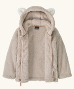 Patagonia little kids furry friends high fleece pile hoody in taupe showing front zip opened
