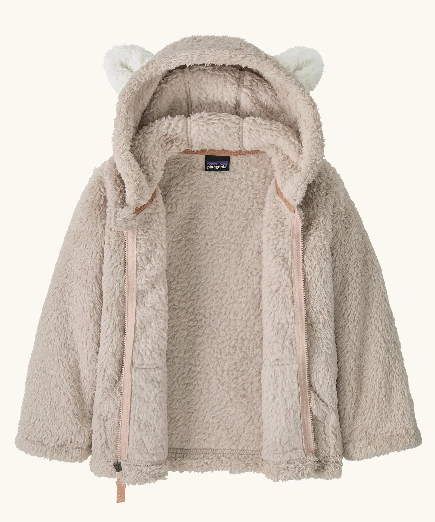 Patagonia little kids furry friends high fleece pile hoody in taupe showing front zip opened