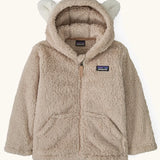 Patagonia 100% recycled polyester little kids furry friends high fleece pile hoody in taupe with full zip, pockets and bear cub ears on the hood