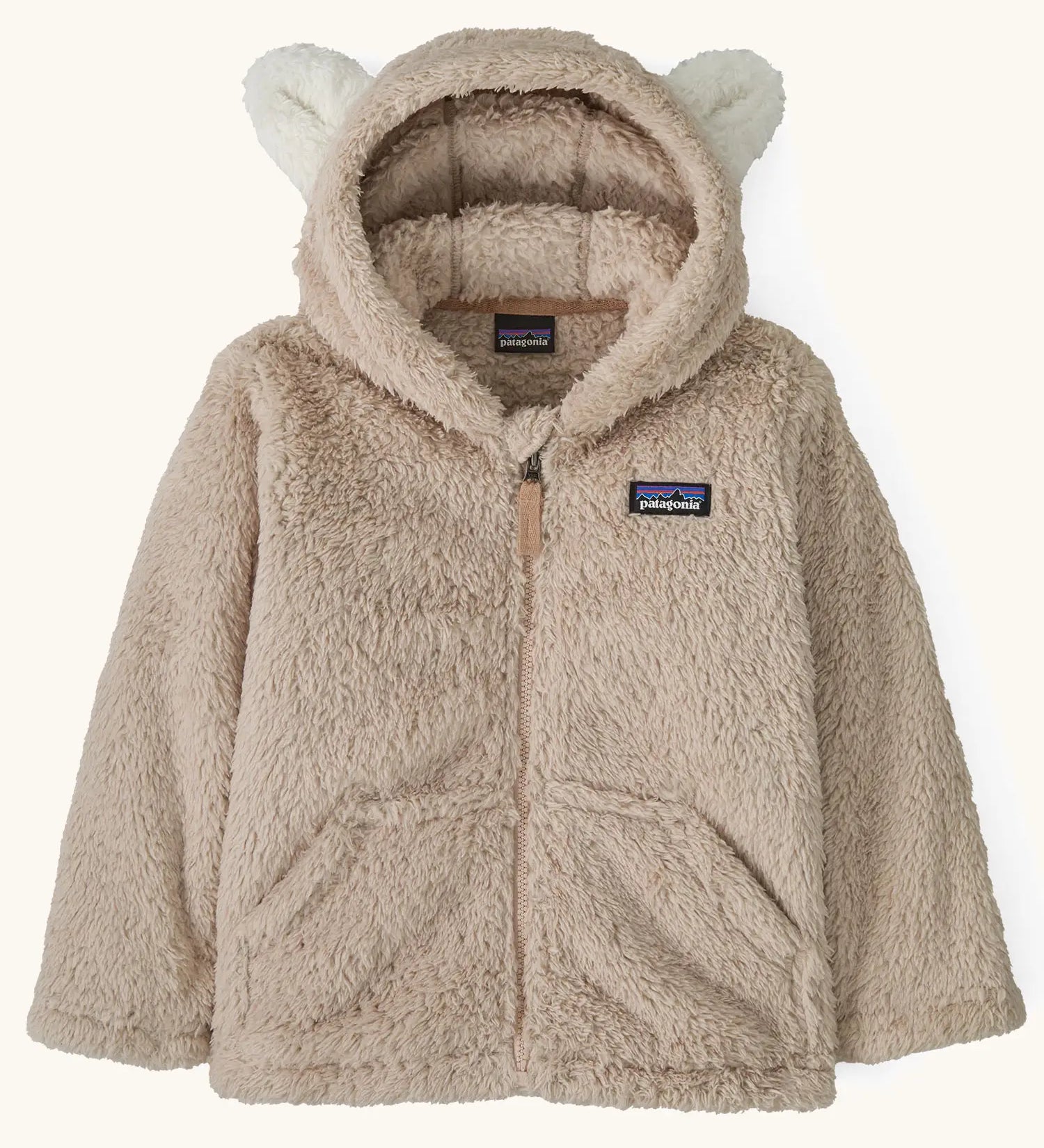Patagonia 100% recycled polyester little kids furry friends high fleece pile hoody in taupe with full zip, pockets and bear cub ears on the hood