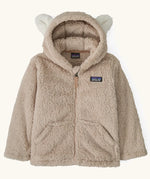 Patagonia 100% recycled polyester little kids furry friends high fleece pile hoody in taupe with full zip, pockets and bear cub ears on the hood
