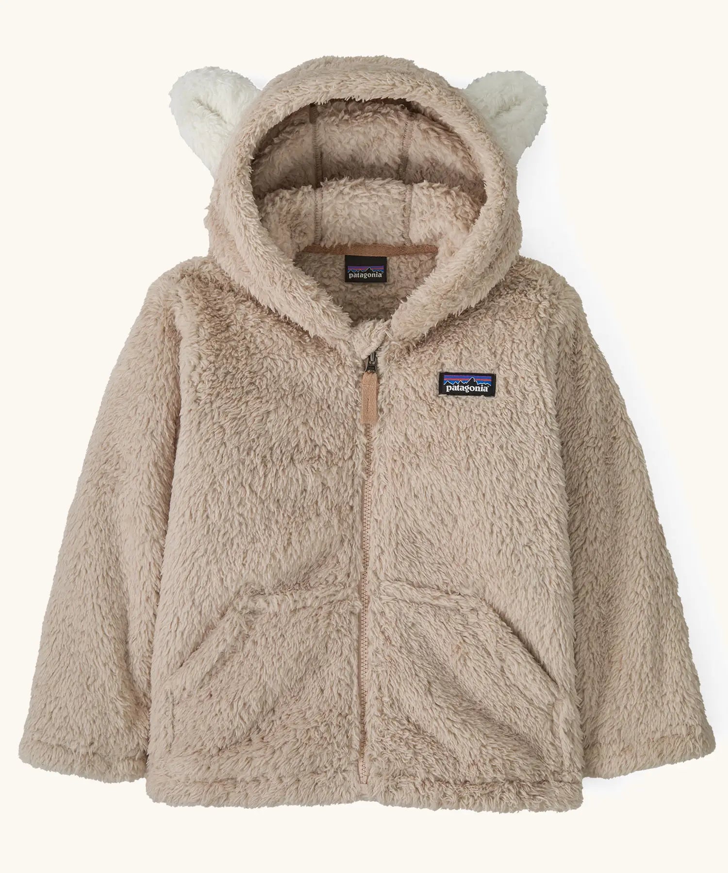 Patagonia 100% recycled polyester little kids furry friends high fleece pile hoody in taupe with full zip, pockets and bear cub ears on the hood