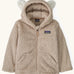 Patagonia 100% recycled polyester little kids furry friends high fleece pile hoody in taupe with full zip, pockets and bear cub ears on the hood
