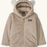 Patagonia 100% recycled polyester little kids furry friends high fleece pile hoody in taupe with full zip, pockets and bear cub ears on the hood