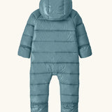 Back of Patagonia little kids hi -loft down sweater bunting snow suit in sage blue showing the fold over mitt and foot covers
