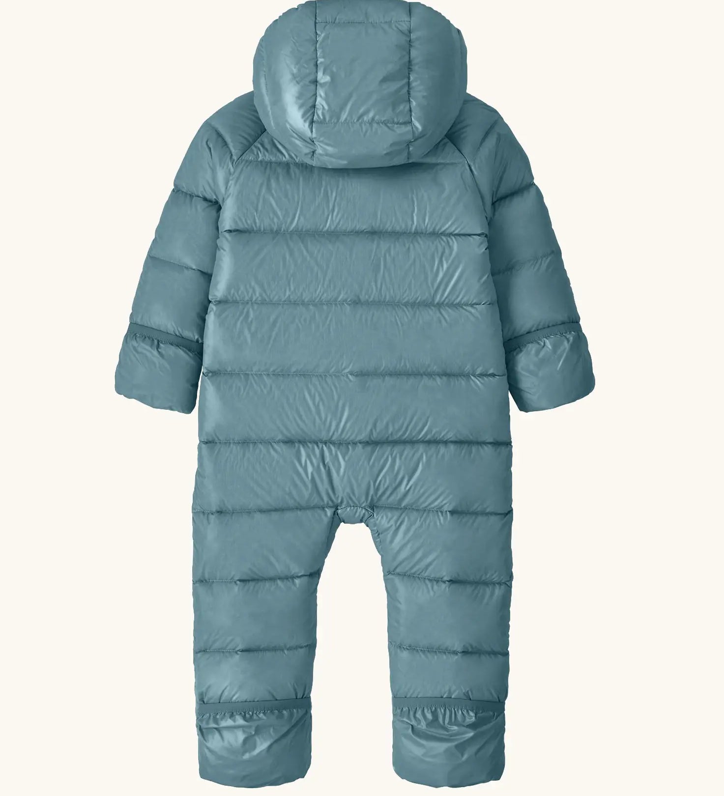Back of Patagonia little kids hi -loft down sweater bunting snow suit in sage blue showing the fold over mitt and foot covers