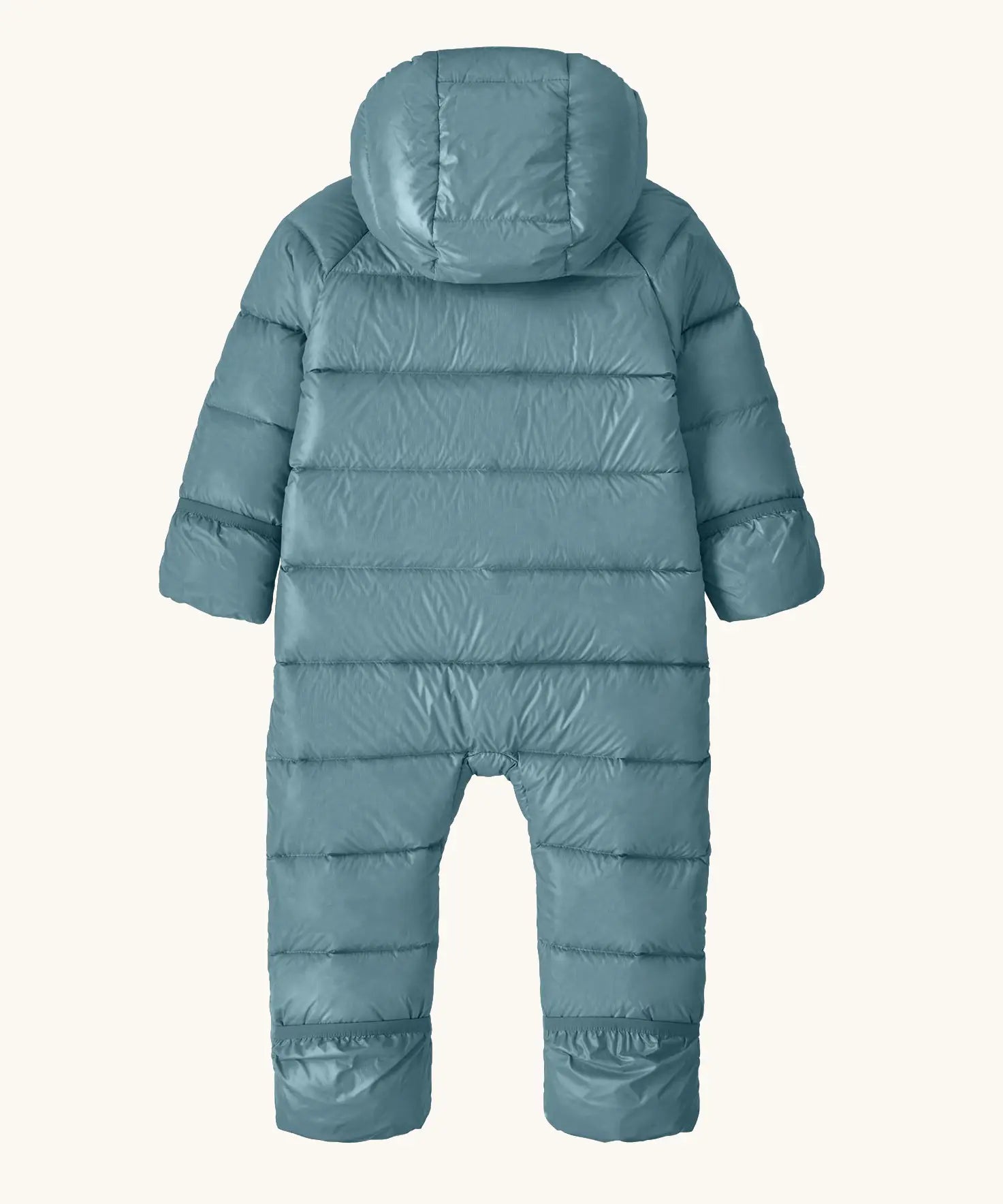 Back of Patagonia little kids hi -loft down sweater bunting snow suit in sage blue showing the fold over mitt and foot covers
