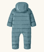 Back of Patagonia little kids hi -loft down sweater bunting snow suit in sage blue showing the fold over mitt and foot covers