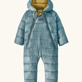 Patagonia little kids hi -loft down sweater bunting snow suit in sage blue with yellow inner liner. A all in one with a double front zip and a padded hood 