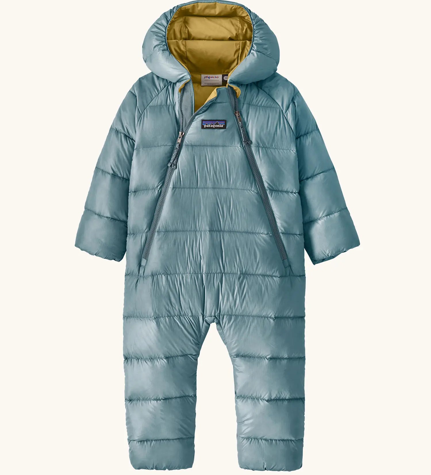Patagonia little kids hi -loft down sweater bunting snow suit in sage blue with yellow inner liner. A all in one with a double front zip and a padded hood 