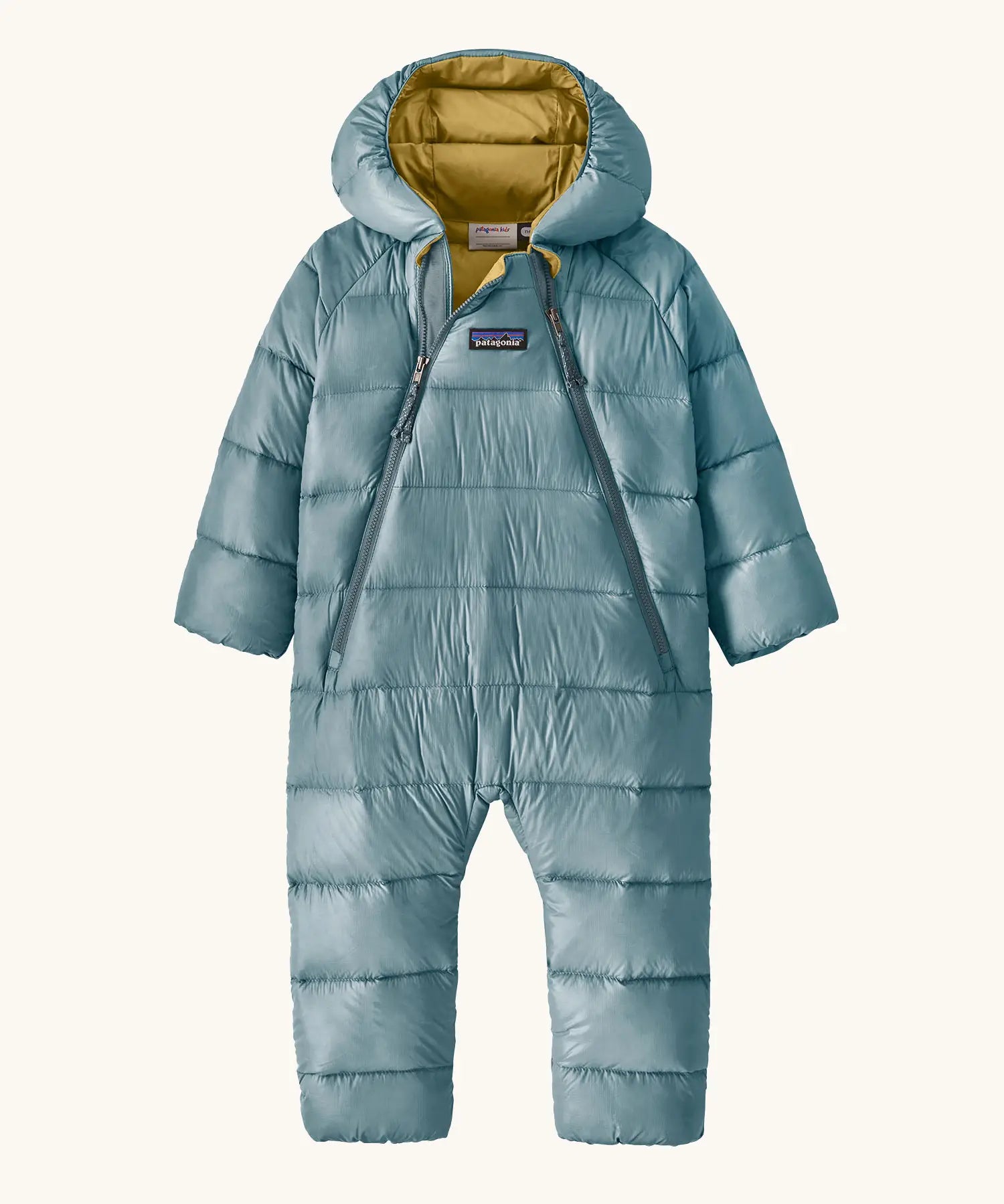 Patagonia little kids hi -loft down sweater bunting snow suit in sage blue with yellow inner liner. A all in one with a double front zip and a padded hood 