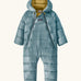 Patagonia little kids hi -loft down sweater bunting snow suit in sage blue with yellow inner liner. A all in one with a double front zip and a padded hood 