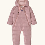 Patagonia little kids hi-loft down sweater bunting snow suit in pale pink. A all in one with a double front zip and a padded hood 