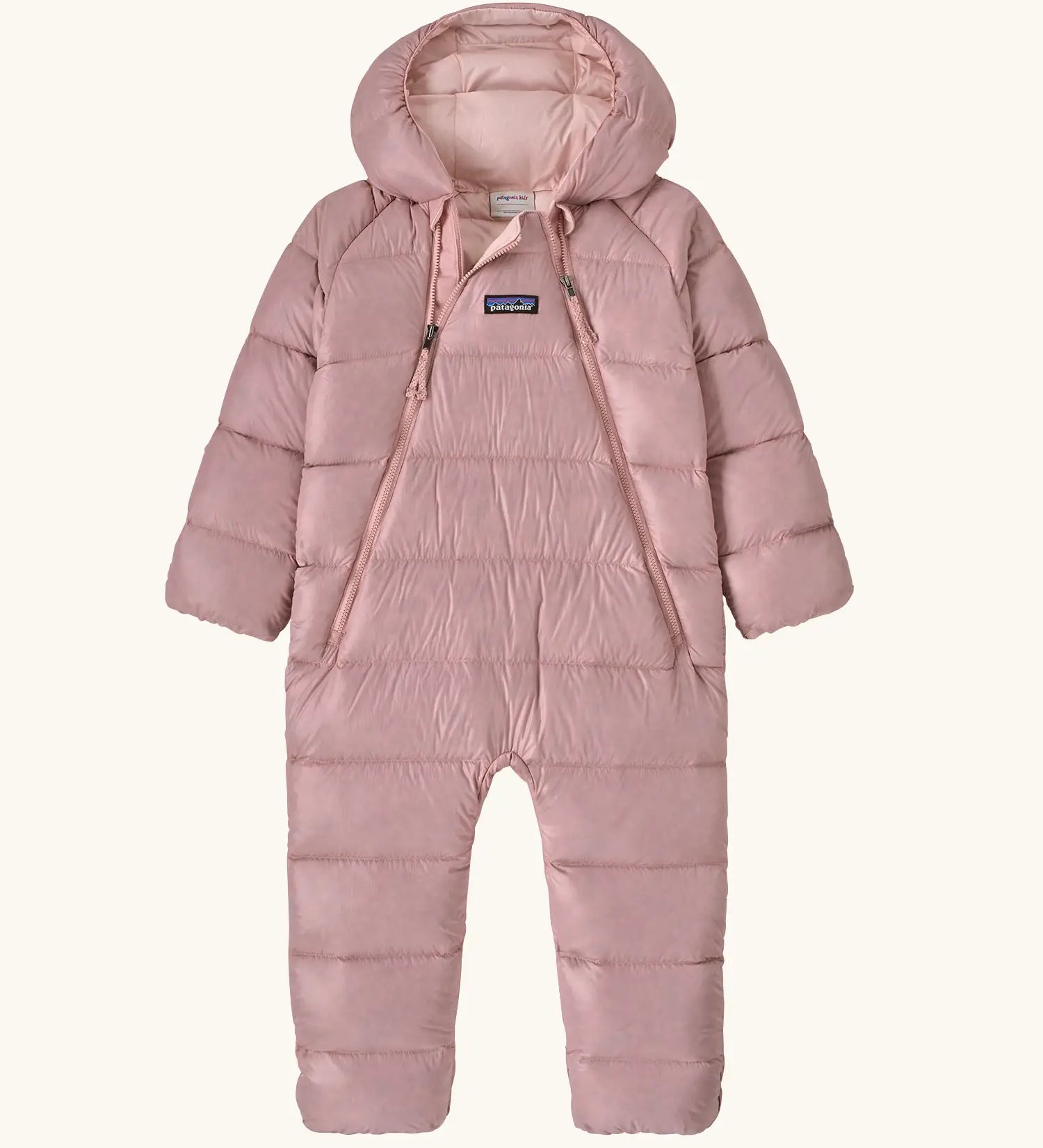 Patagonia little kids hi-loft down sweater bunting snow suit in pale pink. A all in one with a double front zip and a padded hood 