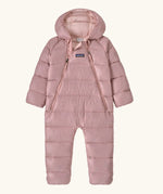 Patagonia little kids hi-loft down sweater bunting snow suit in pale pink. A all in one with a double front zip and a padded hood 