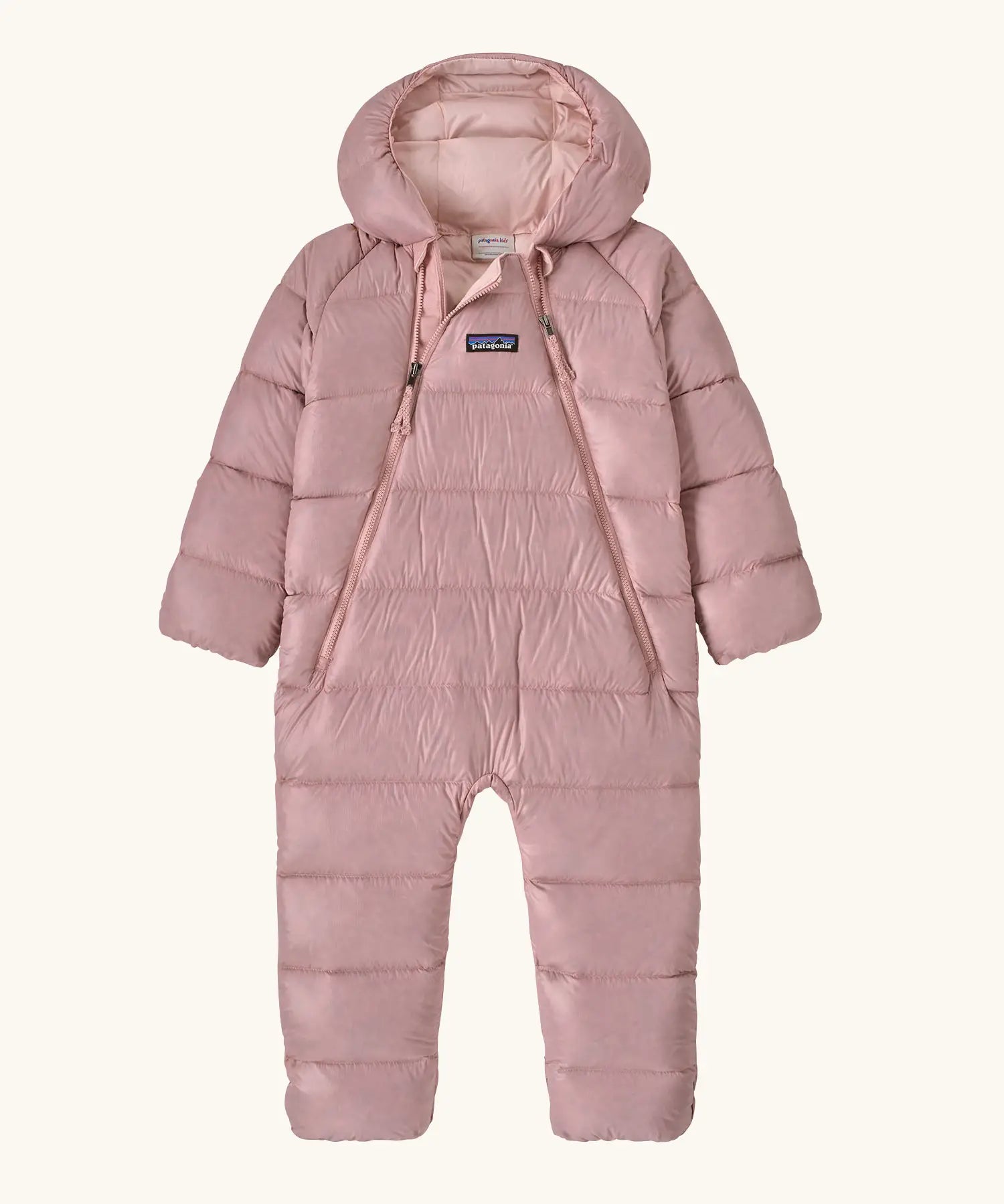 Patagonia little kids hi-loft down sweater bunting snow suit in pale pink. A all in one with a double front zip and a padded hood 