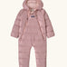 Patagonia little kids hi-loft down sweater bunting snow suit in pale pink. A all in one with a double front zip and a padded hood 