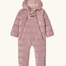 Patagonia little kids hi-loft down sweater bunting snow suit in pale pink. A all in one with a double front zip and a padded hood 