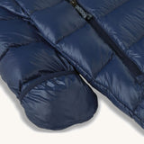 Patagonia little kids hi-loft down sweater bunting snow suit in navy showing close up of fold over mitt cover
