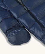 Patagonia little kids hi-loft down sweater bunting snow suit in navy showing close up of fold over mitt cover