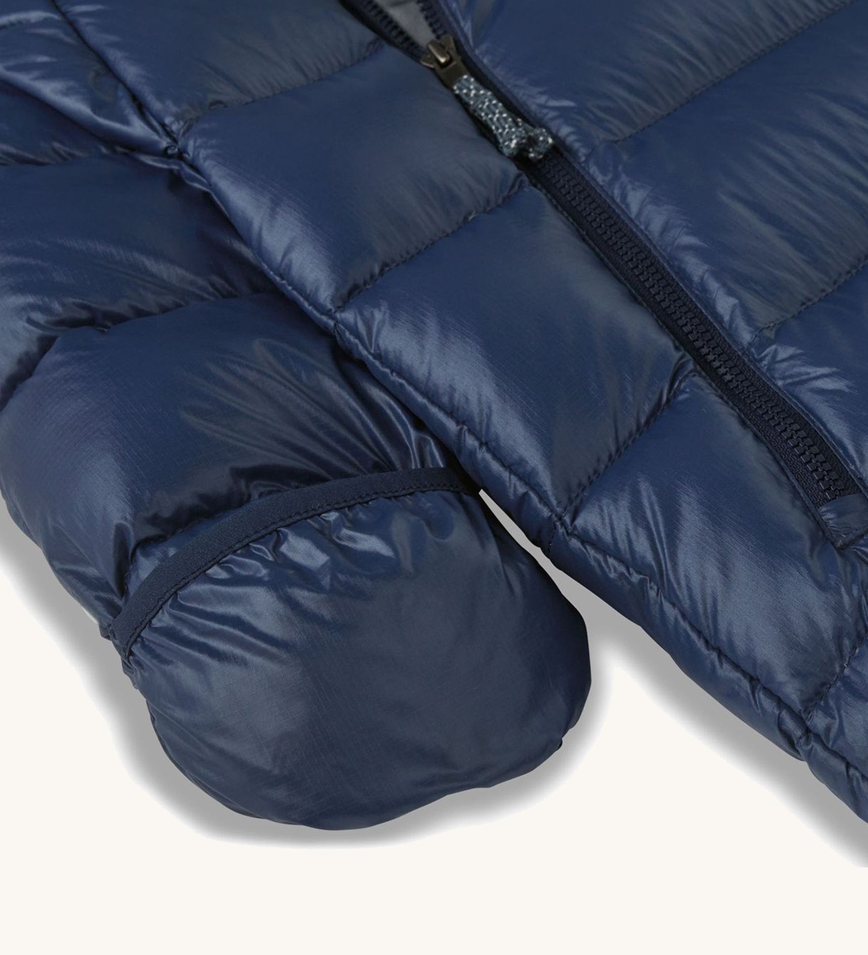 Patagonia little kids hi-loft down sweater bunting snow suit in navy showing close up of fold over mitt cover