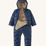 Patagonia little kids hi-loft down sweater bunting snow suit in navy showing the 2 long front zips opened