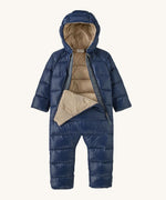 Patagonia little kids hi-loft down sweater bunting snow suit in navy showing the 2 long front zips opened