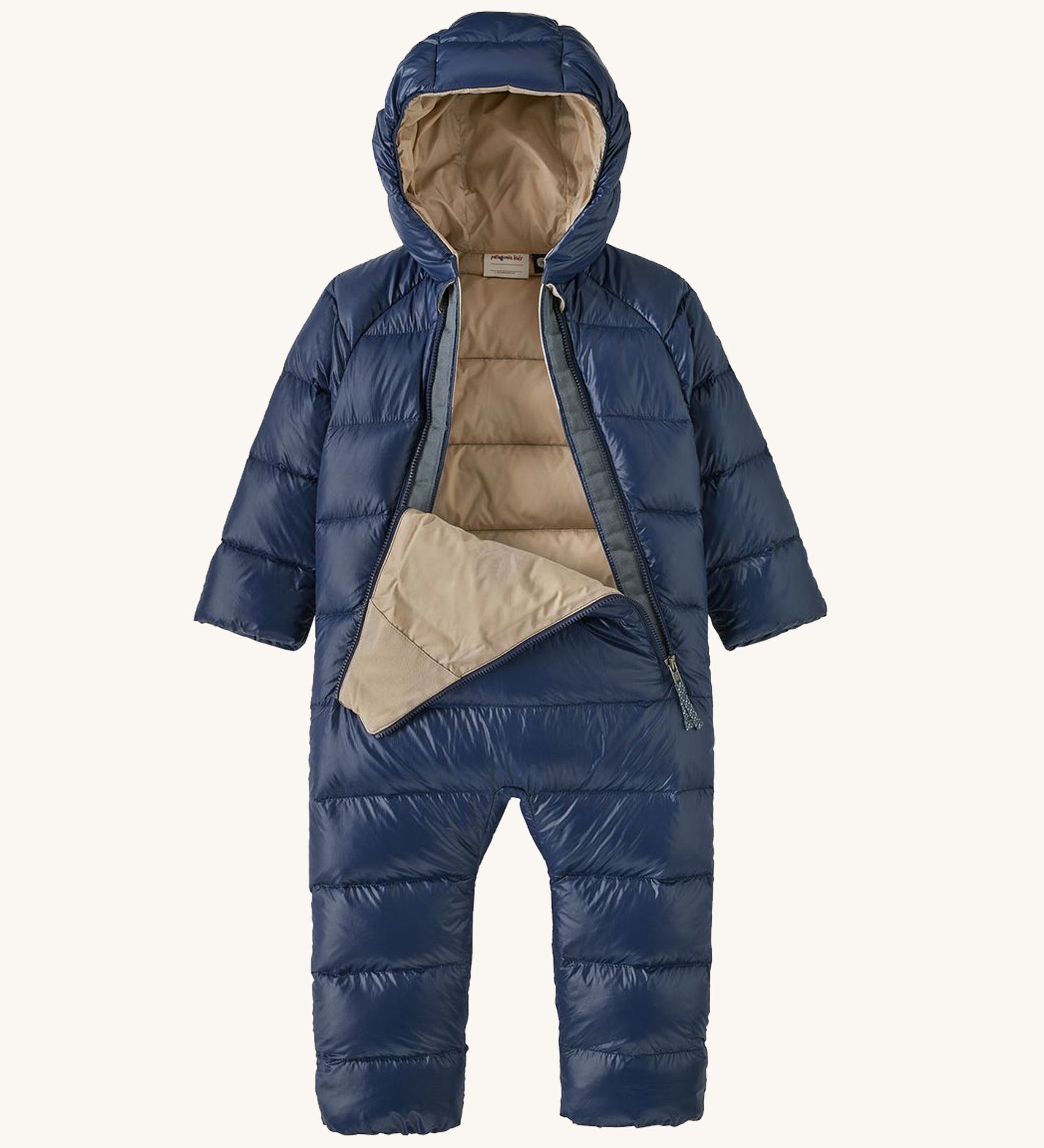 Patagonia little kids hi-loft down sweater bunting snow suit in navy showing the 2 long front zips opened