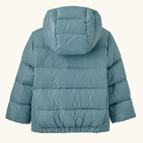 Back of Patagonia little kids hi-loft down sweater hoody jacket in sage blue showing the quilt-through construction